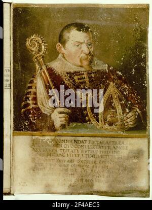Mgr Philipp Sigismund (1588). Page de texte et illustration du Codex Chronicon Episcoporum Verdenum, Handwriting and Gem? Niveau / parchemin; 10 x 6 cm, évêque du XVIe siècle Philipp Sigismund (1588). Page de texte et illustration du Codex Chronicon episcoporum Verdenum, écriture manuscrite et peintures / parchemin; 10 x 6 cm, XVIe siècle Banque D'Images