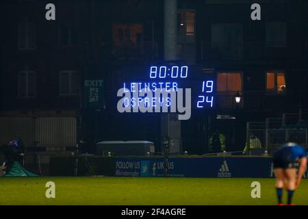 RDS Arena, Dublin, Leinster, Irlande. 19 mars 2021. Guinness Pro 14 Rugby, Leinster versus Ospreys; le score final 19 - 24 apparaît sur le tableau de bord crédit: Action plus Sports/Alamy Live News Banque D'Images