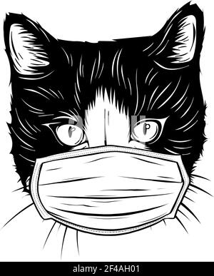 dessiner en noir et blanc de la tête de chat avec masque Protection contre les virus Illustration de Vecteur