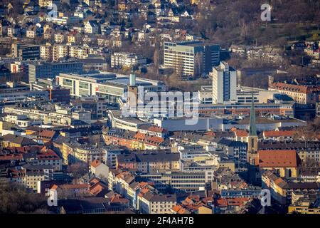 Vue aérienne, vue sur le centre ville, Johanniskirche, Rathaus Galerie Hagen, Volme Galerie, Tour de l'hôtel de ville, Mittelstadt, Hagen, région de Ruhr, Rhénanie-du-Nord-Westp Banque D'Images