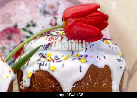 Pâques vacances de printemps pain doux, paska composition en gros plan décorée de sucre glace et tulipe rouge sur fond flou. Kulique orthodoxe fait main Banque D'Images