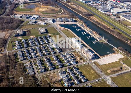 Photographie aérienne, chantier nouvelle zone de construction quartier du port Graf Bismarck, marina Stölting Marina, Bismarck, Gelsenkirchen, Ruhr, Non Banque D'Images