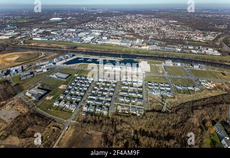 Photographie aérienne, chantier nouvelle zone de construction quartier du port Graf Bismarck, marina Stölting Marina, Bismarck, Gelsenkirchen, Ruhr, Non Banque D'Images