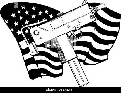 Dessiner en noir et blanc d'armes Uzi avec ameican illustration du vecteur drapeau Illustration de Vecteur