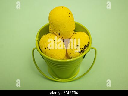 Œufs de Pâques jaunes dans un seau de jardin vert. Concept vacances de printemps Banque D'Images