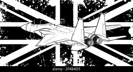 Dessinez en noir et blanc des avions de chasse militaires avec illustration du vecteur drapeau anglais Illustration de Vecteur