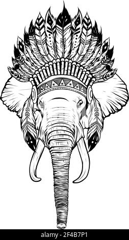 Dessinez en noir et blanc de la tête de l'éléphant avec la coiffure du chef indien américain. Illustration de Vecteur