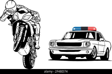 Dessiner en noir et blanc de la voiture de police est à la recherche d'un criminel sur une moto. Illustration de Vecteur