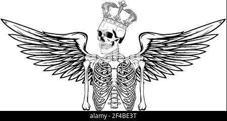 dessinez en noir et blanc du squelette d'ange vectoriel avec aile et couronne Illustration de Vecteur