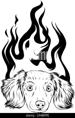 Dessinez en noir et blanc le chien chiot avec la flamme ornements illustration vectorielle Illustration de Vecteur