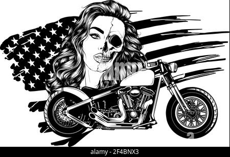 dessinez en noir et blanc du broyeur d'illustrations vectorielles vintage moto avec visage de femme et drapeau américain Illustration de Vecteur