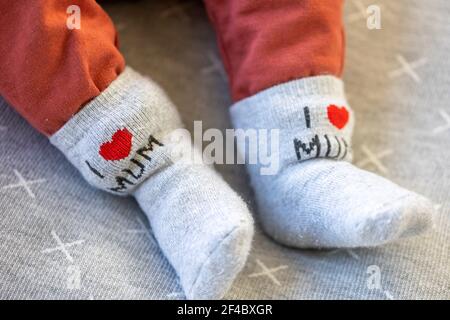 Un portrait des pieds d'un bébé avec des chaussettes et des pantalons gris. Sur les jolies chaussettes, le texte, j'aime maman, est écrit. L'enfant est allongé sur un oreiller gris. Banque D'Images