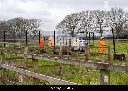 Great Missenden, Buckinghamshire, Royaume-Uni. 18 mars 2021. HS2 ont détruit trois chênes dans Leather Lane avec plus à suivre pour un chemin de transport temporaire malgré qu'il y a des trous de chauve-souris dans les arbres et c'est la saison de nidification des oiseaux. HS2 Security et NET baillis sont dans les champs à côté de l'oaks 24/7 et intimidant les résidents locaux. La liaison ferroviaire High Speed 2 de Londres à Birmingham est en train de sculpter une énorme cicatrice à travers les Chilterns qui est un AONB. Un peu moins de 40,000 personnes ont signé une pétition pour sauver Leather Lane Oaks de HS2. Crédit : Maureen McLean/Alay Banque D'Images
