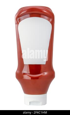 Une bouteille séqueezy isolée en plastique de ketchup de tomates avec UN Étiquette vierge pour votre texte Banque D'Images