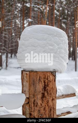 Large snow caps on the stumps of the fence in winter. A wooden fence protects the territory of the house. Banque D'Images
