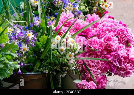 Une grande armful de pivoines roses avec des fleurs sauvages dedans un vase Banque D'Images