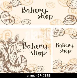 Ensemble de vintage hand drawn vector bannières avec les produits de boulangerie. Milieux vintage avec de la nourriture. Illustration de Vecteur