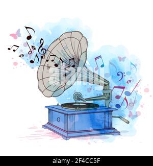 Arrière-plan de la musique vectorielle abstraite avec une texture gramophone vintage et aquarelle bleue. Fond musical avec gramophone vintage Illustration de Vecteur