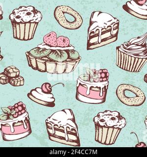Hand drawn seamless pattern avec des bonbons et des gâteaux dans le style vintage. Vector fond vert avec des bonbons. Illustration de Vecteur