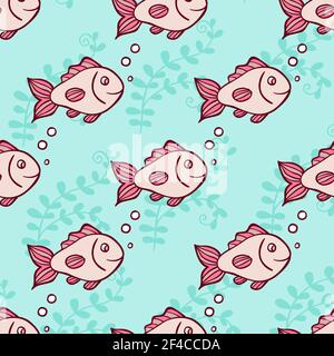 Motif marin sans couture avec bulles de poisson et d'air sur fond vert. Illustration vectorielle dessinée à la main. Motif marin sans couture avec poisson Illustration de Vecteur