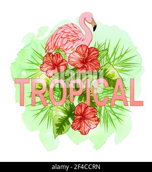 Arrière-plan tropical d'été avec fleurs rouges et flamants roses. Illustration vectorielle dessinée à la main avec texture aquarelle verte. Rose flamant et fleurs rouges Illustration de Vecteur