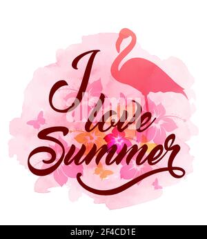 Arrière-plan tropical d'été abstrait avec flamants roses, fleurs et texture aquarelle. Illustration vectorielle. Fond tropical avec flamants roses Illustration de Vecteur