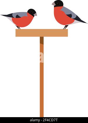 Deux bullfinch sur une gouttière. Deux oiseaux sur une mangeoire en bois avec coeur sur fond blanc. Illustration de l'amour et de l'amitié. Vecteur de brut Illustration de Vecteur