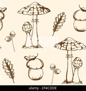 Vintage hand drawn vector seamless pattern avec des champignons, des glands et feuilles de chêne en baisse Illustration de Vecteur