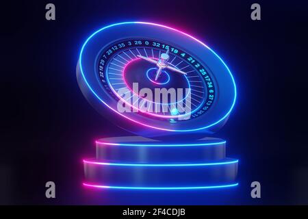 Rendu 3D d'une roue de roulette dans le style néon. Banque D'Images