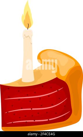 Illustration vectorielle d'un morceau de gâteau avec bougie sur fond blanc. Gâteau de dessin animé avec bougie et remplissage de baies rouges douces. Repas pour les fêtes, dessert festif Illustration de Vecteur