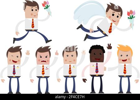 Mettez les hommes d'affaires de Cartoon dans différentes poses et émotions. Hommes d'affaires en colère, avec un sourire, avec des ailes et des fleurs. Élément de la conception d'entreprise. Illustration vectorielle Illustration de Vecteur