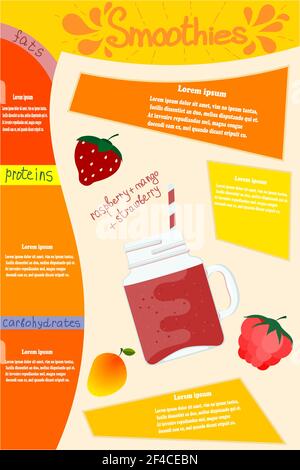 Smoothies rouges. Verre avec un cocktail de vitamines smoothie de fraise, framboise, mangue avec des éléments d'infographies et de texte. Illustration vectorielle d'une alimentation naturelle et saine. Illustration de Vecteur