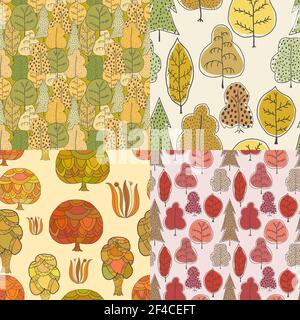 Ensemble vectoriel de motifs colorés sans couture avec arbres. Texture avec plantes, flore, nature. Arbres abstraits de style dessin animé. Illustration du vecteur de stock Illustration de Vecteur