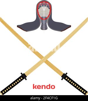 Deux sabre d'entraînement en bois croisé pour kendo et casque de protection. Épées japonaises en bois, kendo Art. Arme kendo vectorielle Illustration de Vecteur