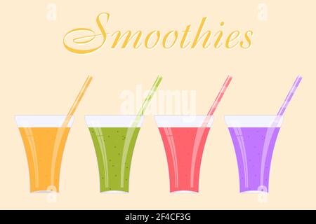 Ensemble de pots en verre avec smoothie coloré sur fond jaune. Illustration vectorielle d'une alimentation saine et équilibrée. Santé alimentaire, alimentation, beauté. Lissés vectoriels à plat Illustration de Vecteur