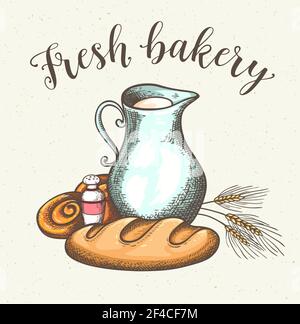 Vintage avec pot de lait et de pain frais. Produits laitiers et de boulangerie. Hand drawn vector illustration. Illustration de Vecteur