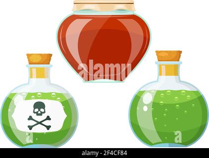 Mettre les flacons en place avec du poison. Style carton. Illustration vectorielle d'un ensemble d'anciens récipients en verre avec poison. Illustration de Vecteur