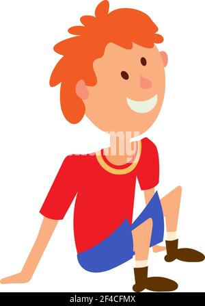 Illustration vectorielle d'un garçon dans un T-shirt rouge et un short assis sur le sol. Figure colorée enfant en position de repos Illustration de Vecteur