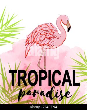 Arrière-plan tropical d'été avec feuilles de palmier vertes et flamants roses. Illustration vectorielle dessinée à la main avec texture aquarelle rose. Fond tropical avec flamants roses Illustration de Vecteur