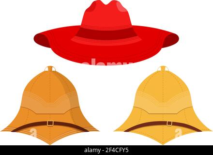 Illustration vectorielle de chapeaux sur fond blanc. Objets isolés. Jeu de capuchons vectoriels. Chapeau rouge, casque de pième, casque de liège. Illustration de Vecteur