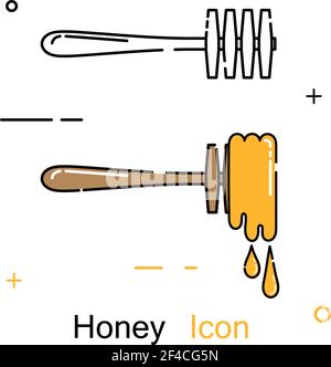 Cuillère en bois et gouttes de miel dans un style linéaire. Icône de ligne. Isolé sur fond blanc. Illustration vectorielle. Illustration de Vecteur