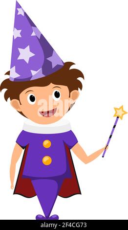 Le petit magicien. Un enfant dans un costume violet et chapeau avec des étoiles avec une baguette magique dans ses mains. Illustration de la performance des enfants et des membres de l'équipe, spectacle. Style de dessin animé. Le jeune acteur, magicien. Illustration de Vecteur