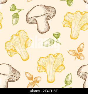 Motif automnal sans couture avec champignons de la forêt et glands. Arrière-plan vectoriel dessiné à la main dans un style vintage. Illustration de Vecteur