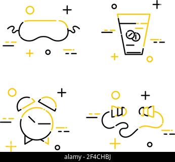 Ensemble d'icônes de veille de la ligne d'art. Coussinets de couchage, bouchons d'oreille, réveil, masque de sommeil. Illustration vectorielle Illustration de Vecteur