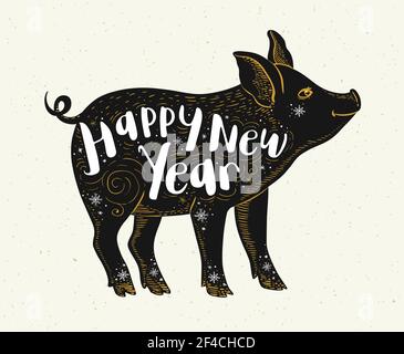 Mignon cochon symbole du zodiaque chinois pour la nouvelle année 2019. Silhouette noire de cochon et lettrage. Illustration vectorielle dessinée à la main Illustration de Vecteur