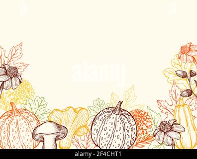 Arrière-plan vintage d'automne avec fleurs, citrouilles, feuilles et champignons de la forêt. Illustration vectorielle dessinée à la main. Illustration de Vecteur