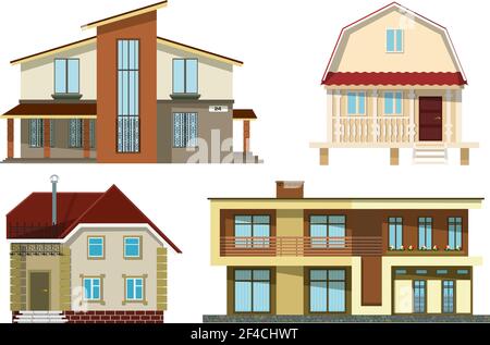 Mettez en place de petites maisons rurales confortables sur un fond blanc. Illustration vectorielle Illustration de Vecteur