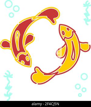 Paire de couleurs poissons avec queues-coeur, un pictogramme astrologique de style linéaire. Icône de couleur linéaire. Isolé sur fond blanc. Illustration vectorielle. Illustration de Vecteur