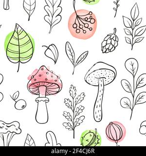 Motif automnal sans couture avec champignons, feuilles et plantes sur fond blanc. Illustration vectorielle dessinée à la main avec éléments aquarelle. Illustration de Vecteur