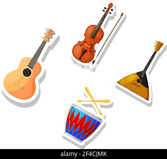 Jeu de vecteurs de couleur Cartoon instruments de musique sur fond blanc. Autocollants instruments de musique guitare, violon, tambour, balalaika. Illustration du vecteur de stock Illustration de Vecteur